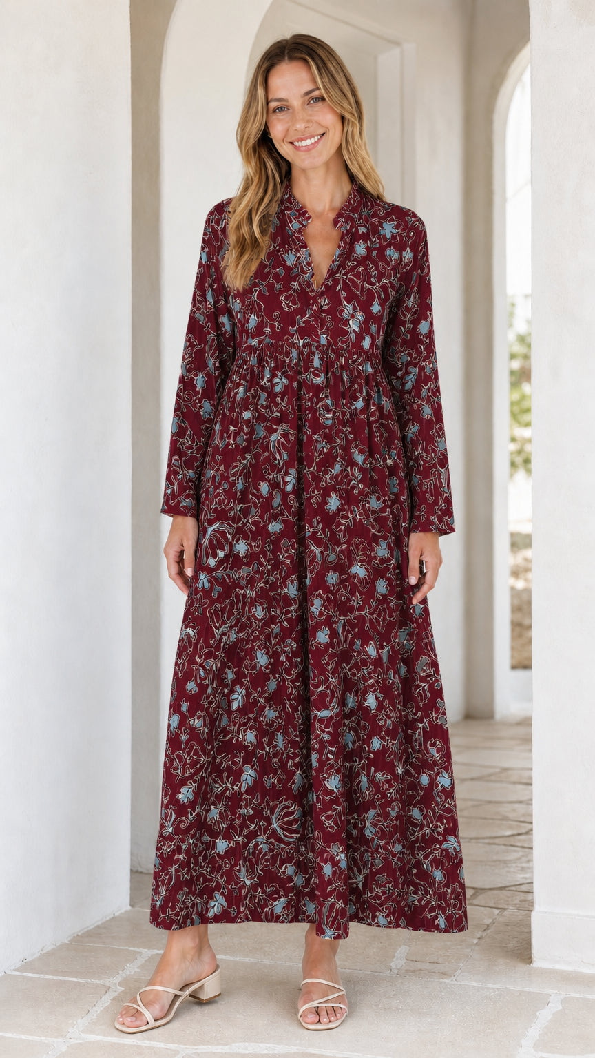 Full view of burgundy floral long sleeve maxi dress