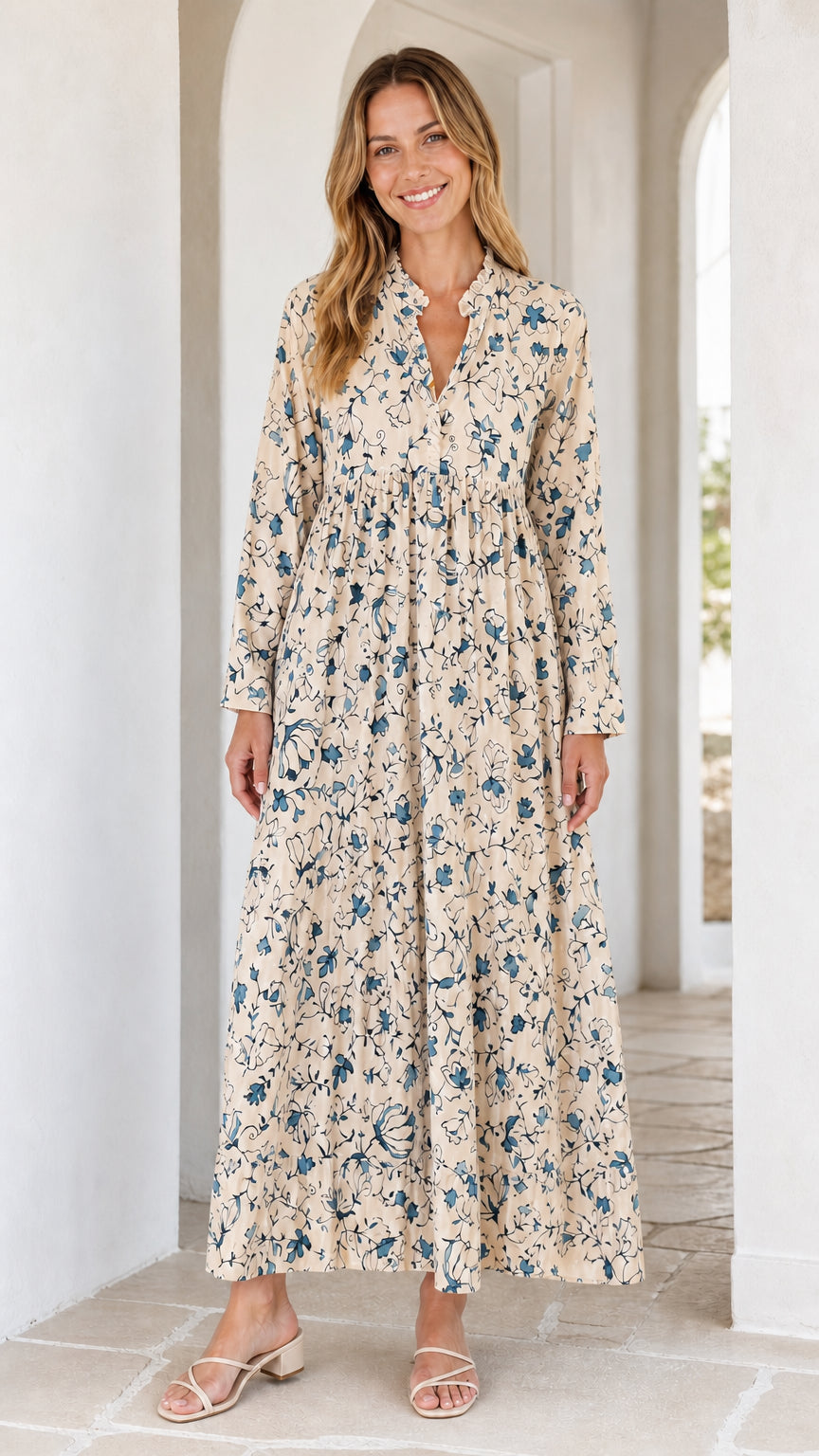 Full view of beige floral long sleeve maxi dress