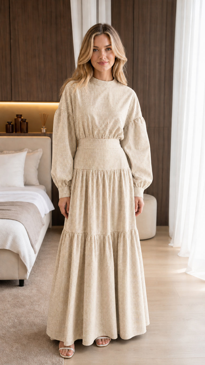 Front view of model wearing beige gingham maxi dress