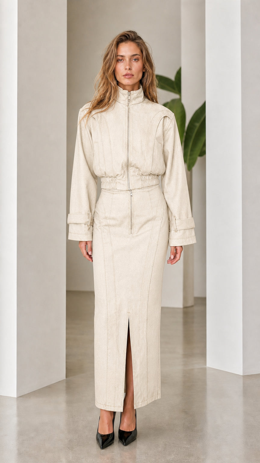 Front view of woman wearing off-white denim two-piece set
