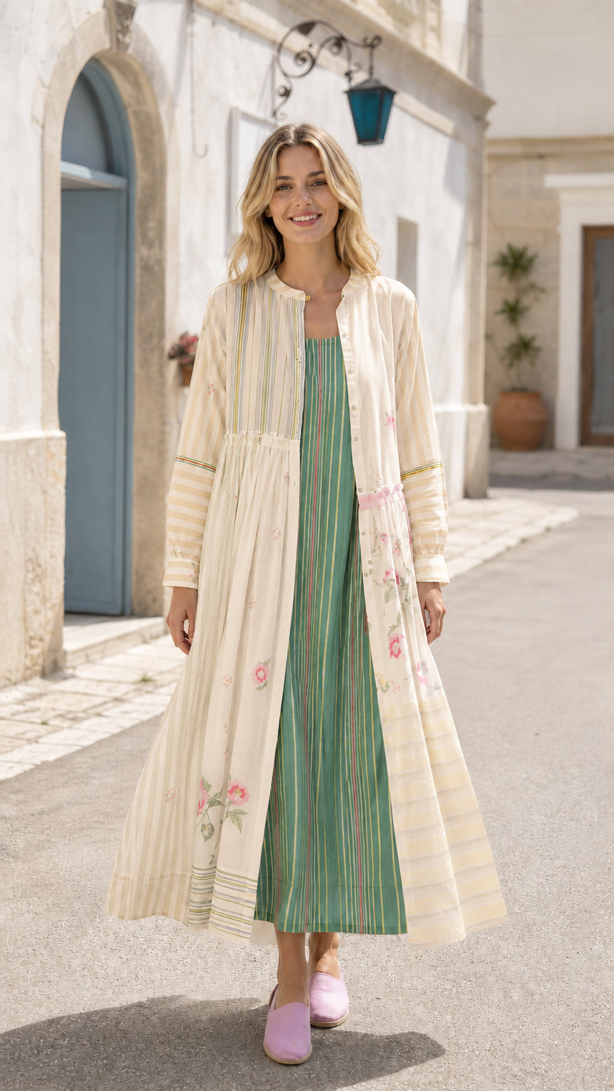 Front view of woman wearing cream striped maxi cardigan dress set