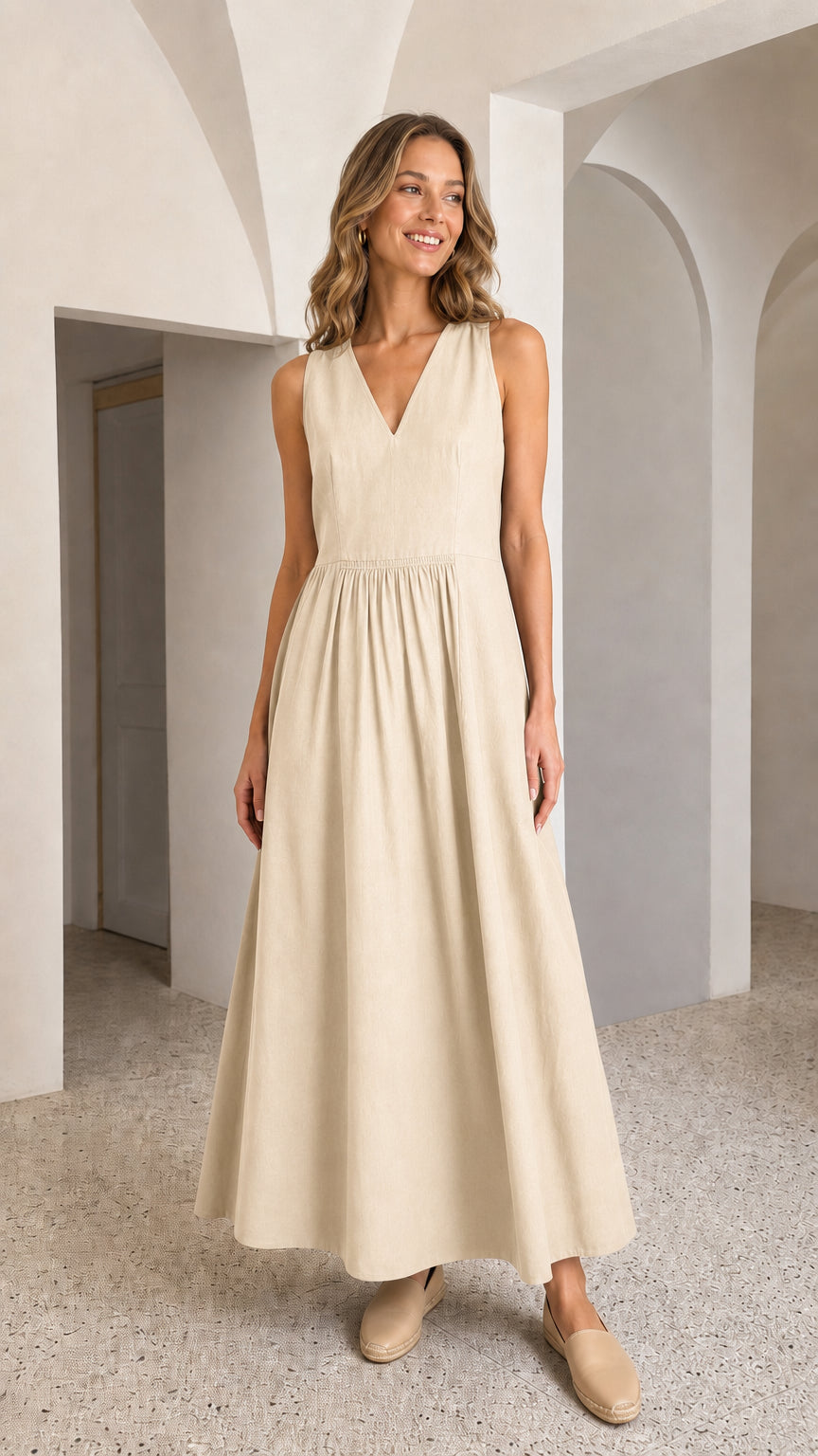 Woman wearing beige V-neck sleeveless maxi dress