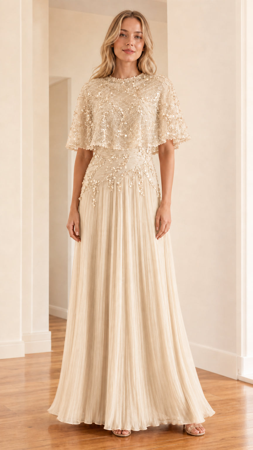 Front view of champagne evening dress with cape overlay and pleated skirt