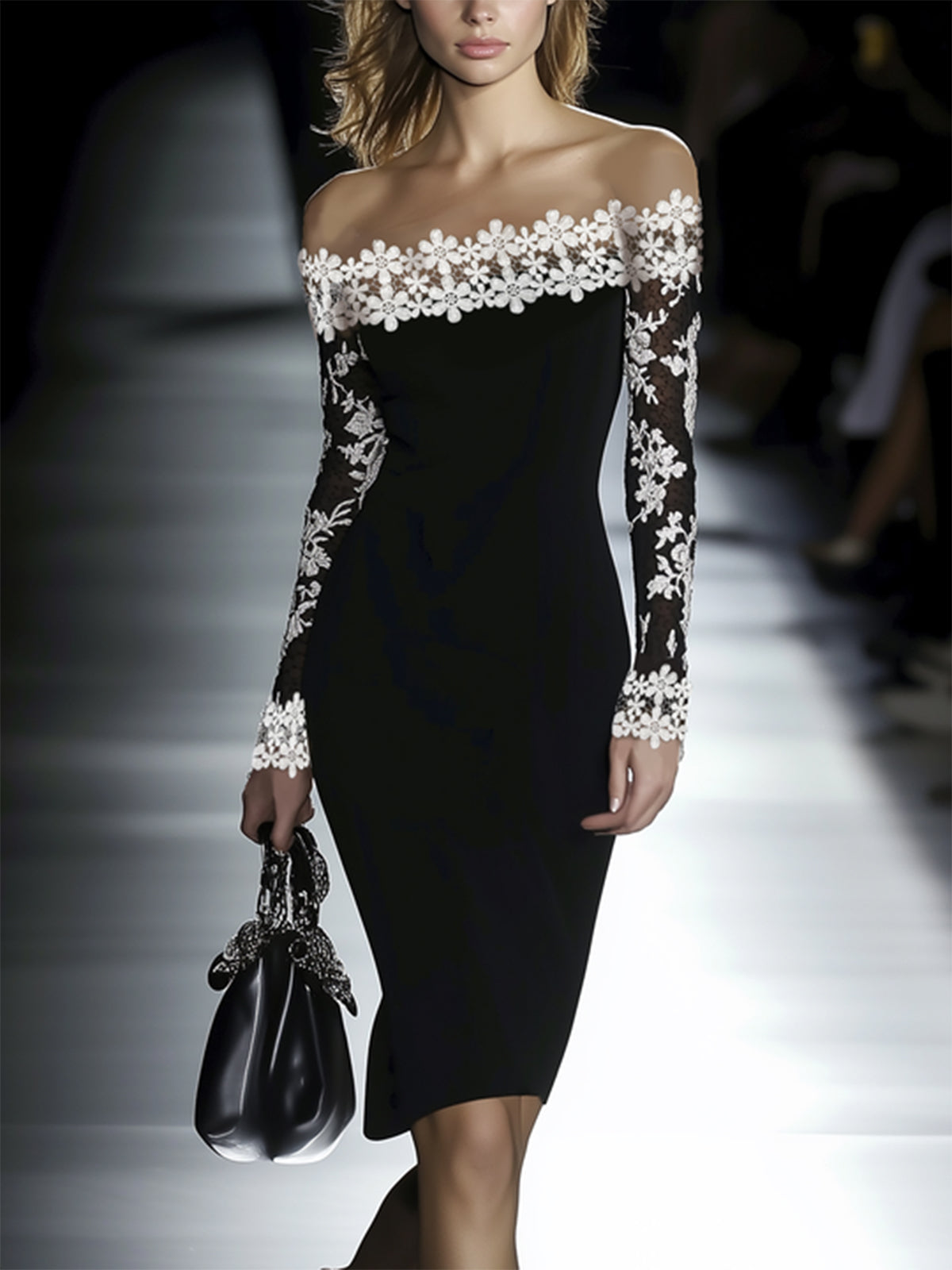 24-Hour-Shipping Lace Neckline Hip Dress