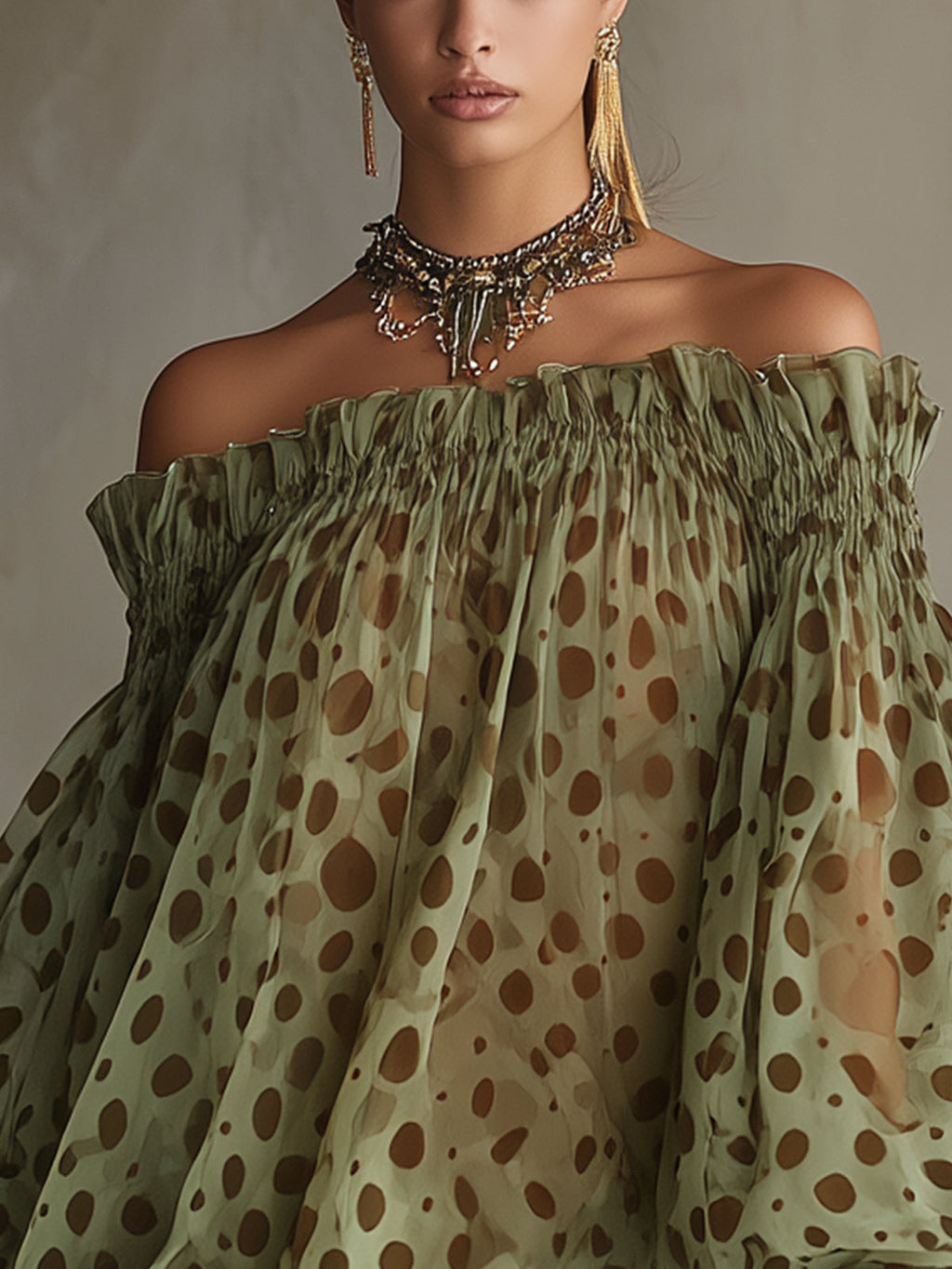 Olive Polka Dot Off-Shoulder Sheer Balloon-Sleeve Lace Hem Mini Dress