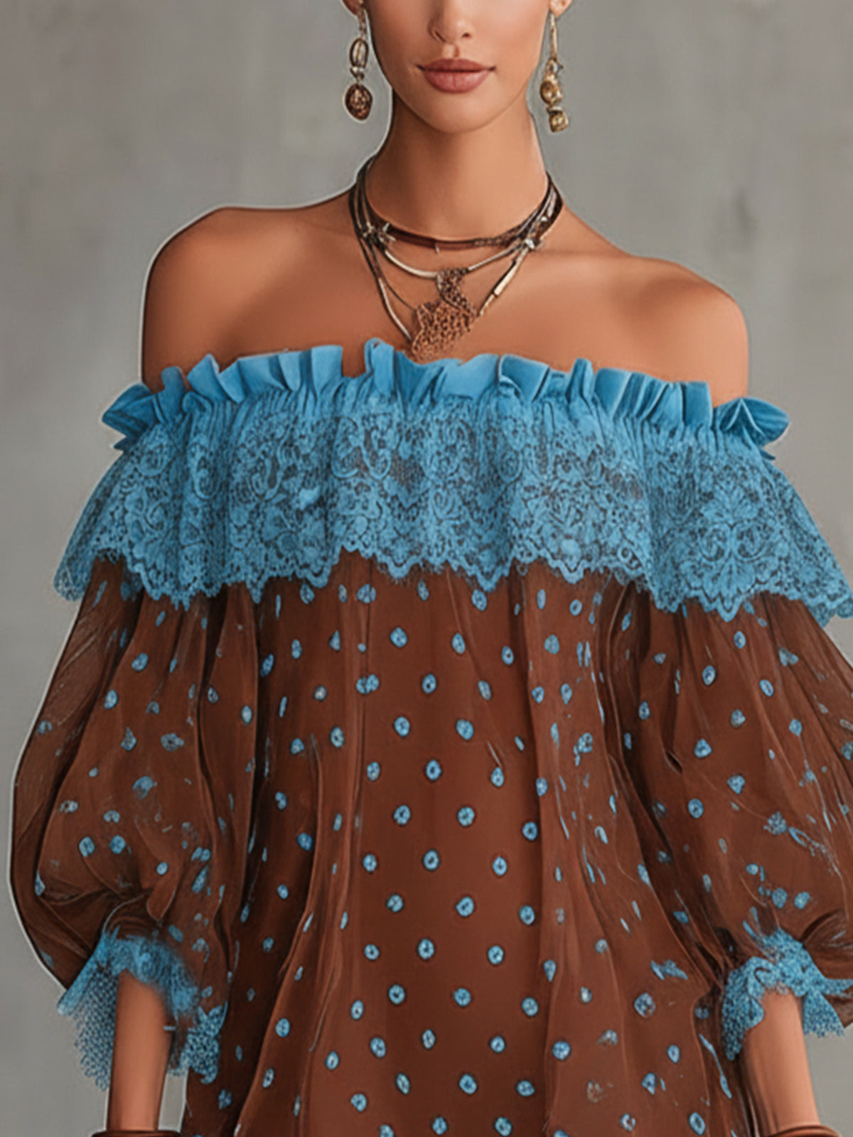 Brown And Blue Off-Shoulder Polka Dot Lace Mini Dress