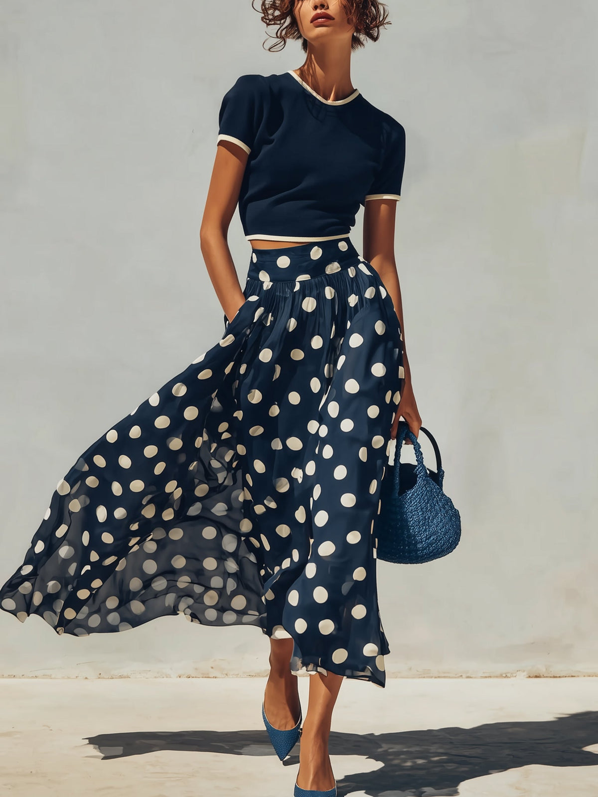 Navy Knit Top And Polka Dot Chiffon Skirt Set