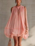 Pink Pleated Chiffon Mini Dress With Ruffled Hem