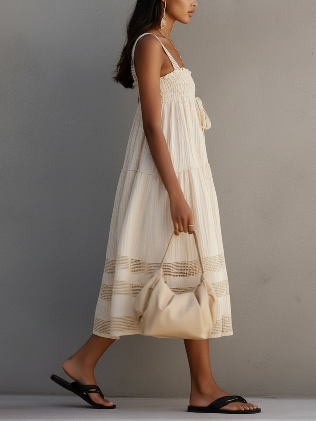 Cream Midi Dress With Crochet Strap