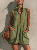 Olive Green Half Zip Linen Blend Mini Dress