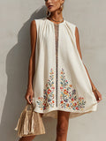 Ivory Sleeveless Embroidered Cotton Linen Mini Dress