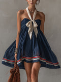 Navy Sheer  Cotton Blend Tie Mini Dress