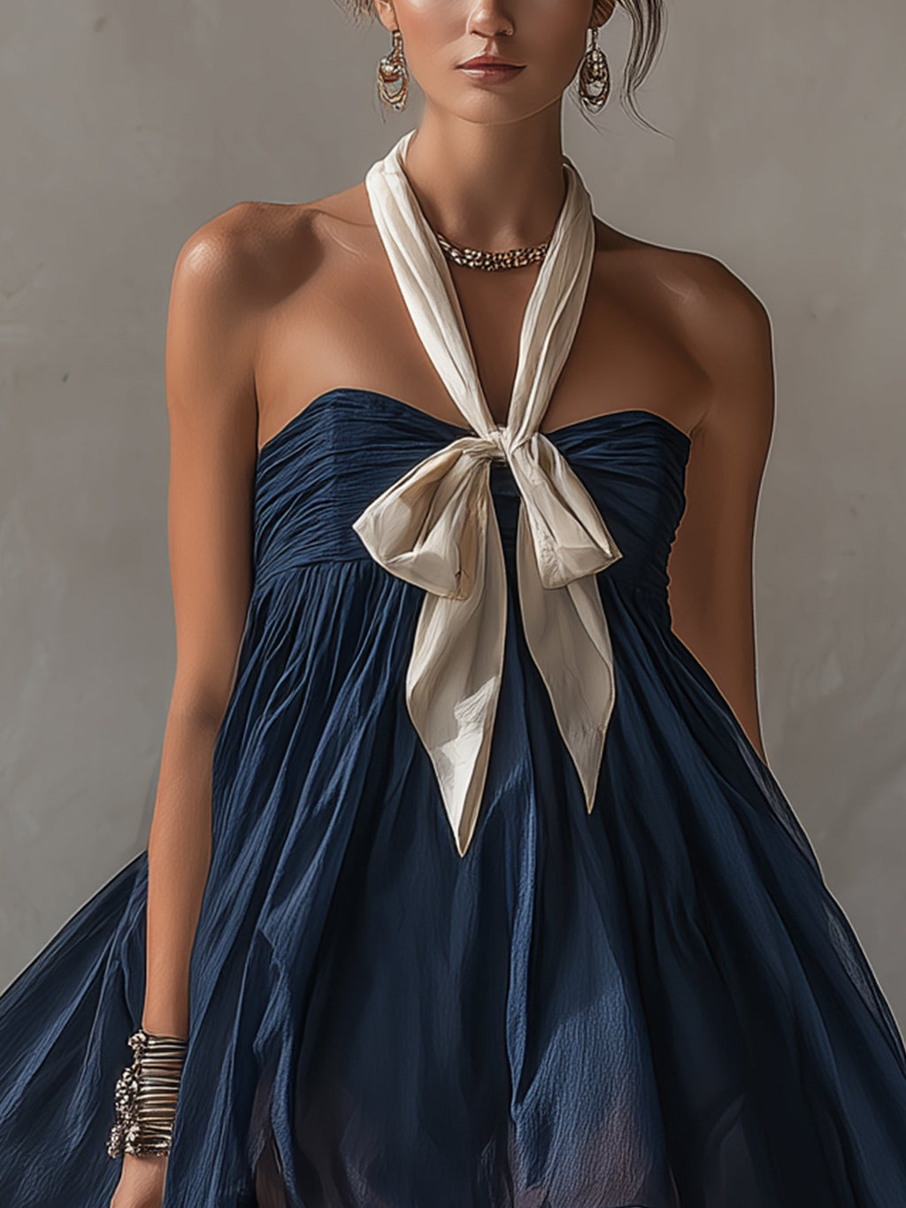 Navy Sheer  Cotton Blend Tie Mini Dress