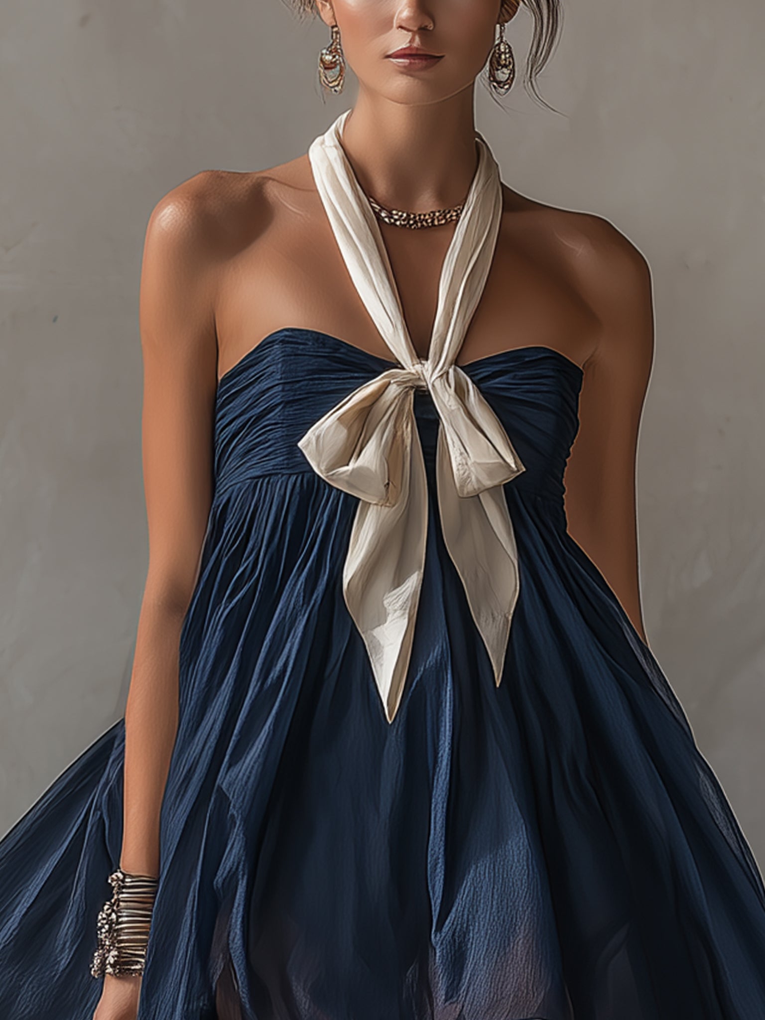 Navy Sheer  Cotton Blend Tie Mini Dress