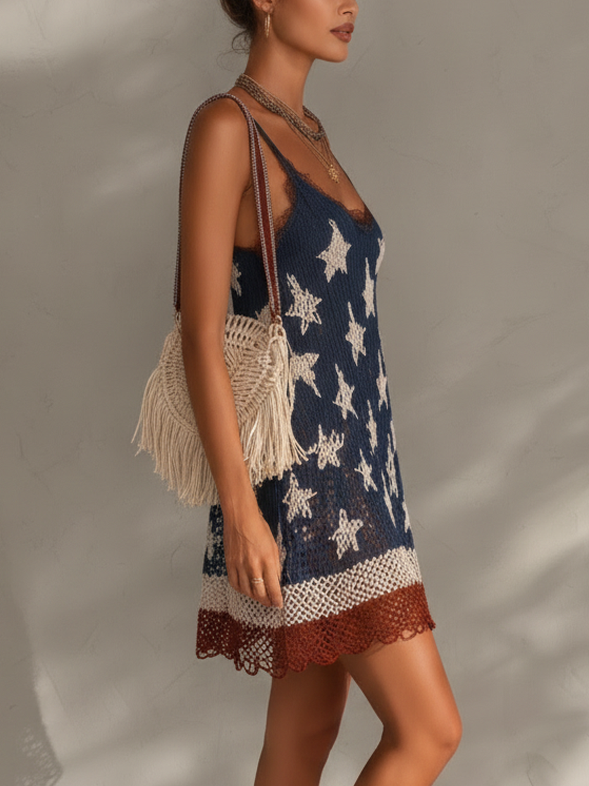Navy Blue Star Knit Lace Trim Mini Dress