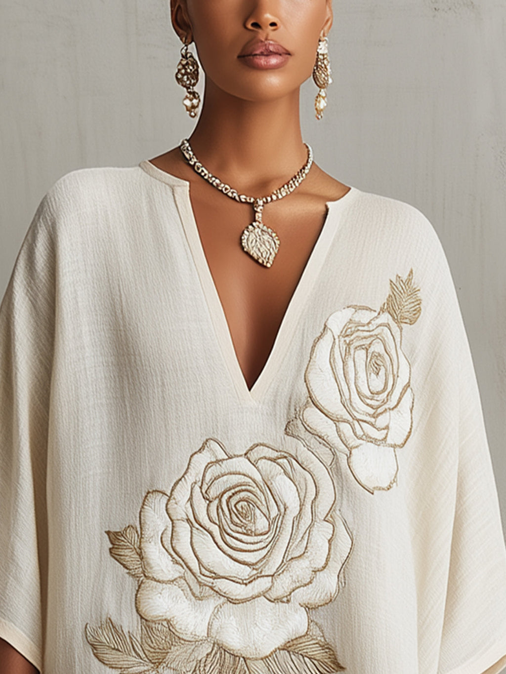 Ivory Mini Dress With Embroidered Floral Detail