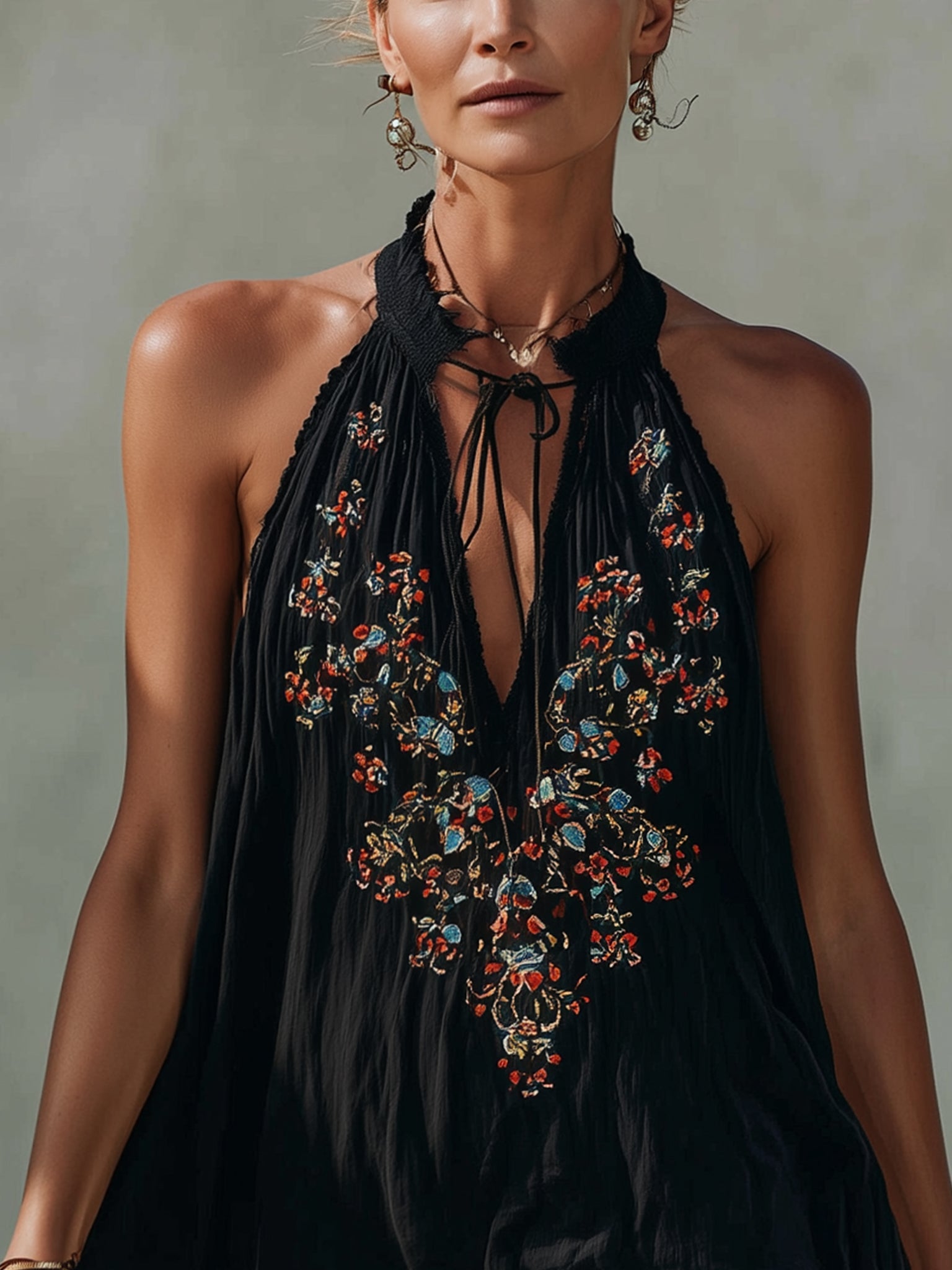 Black  Embroidered Cotton Mini Dress