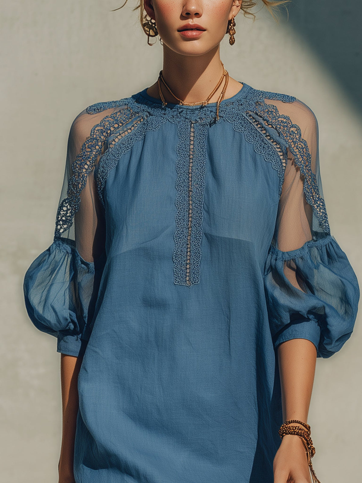 Blue Cotton Linen Lace Trim Mini Dress