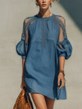 Blue Cotton Linen Lace Trim Mini Dress