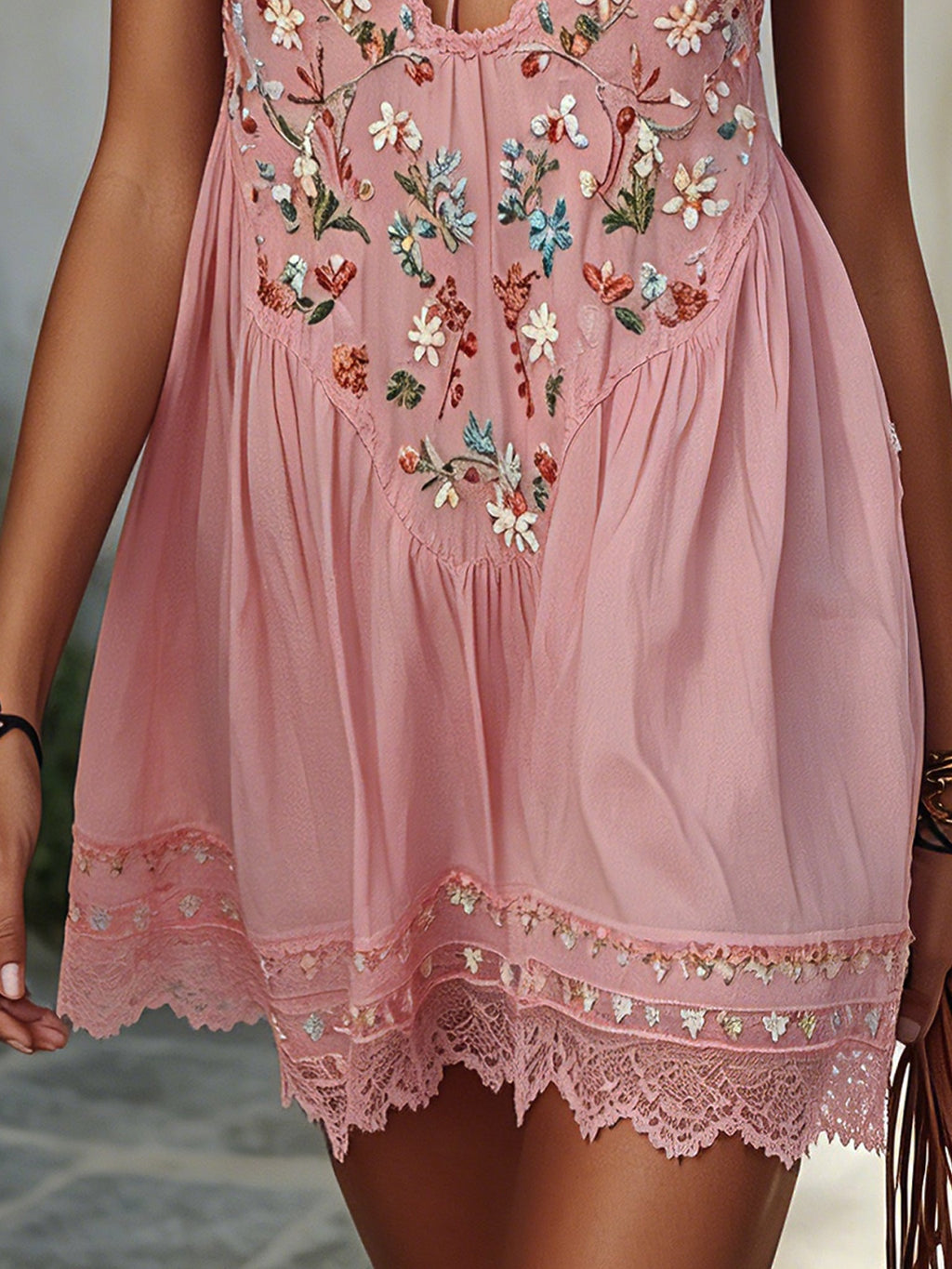 Pink  Embroidered Cotton Mini Dress