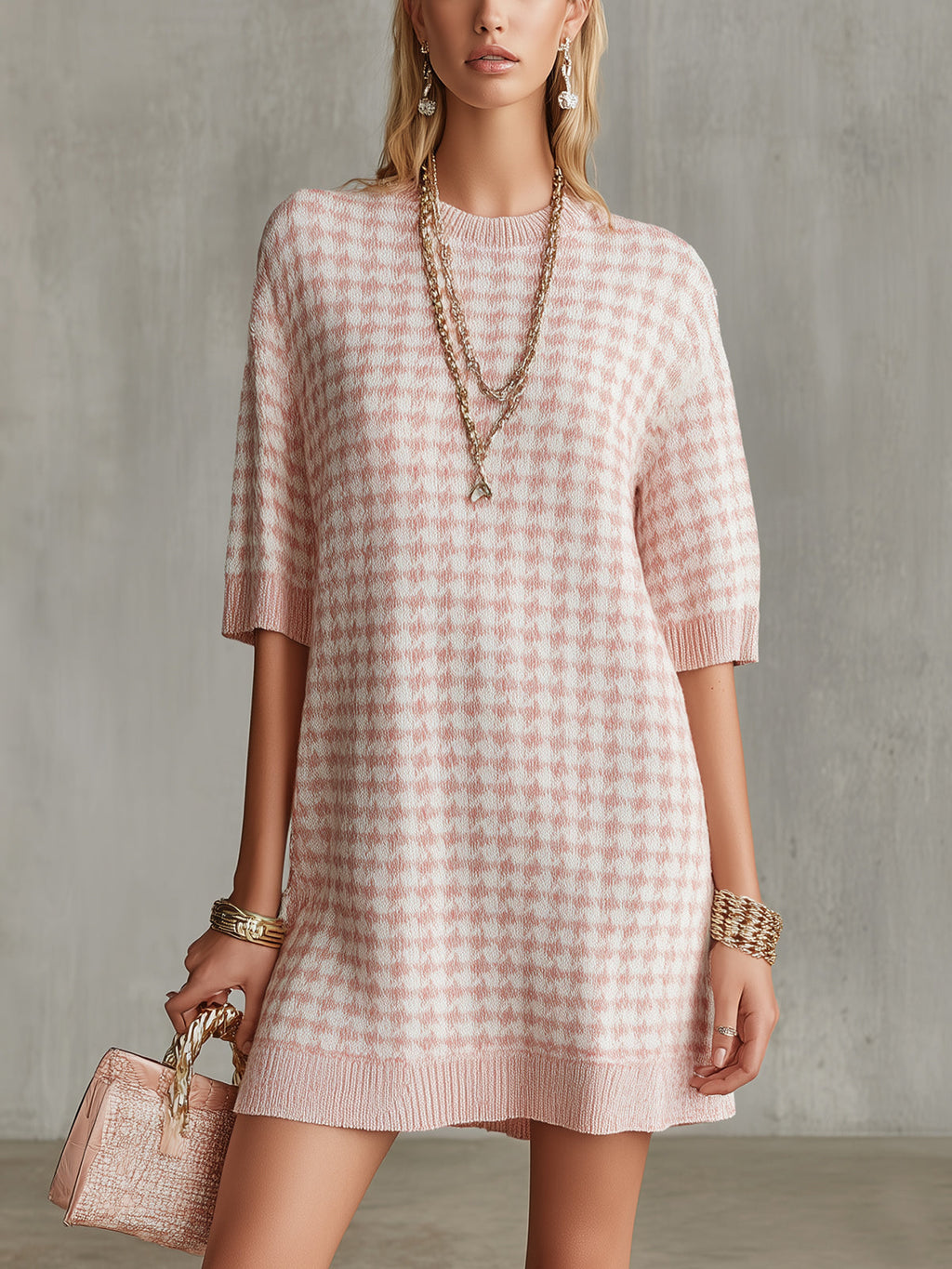 Pink Houndstooth Knit Mini Dress With Half Sleeves