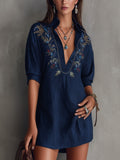 Navy Embroidered V-Neck Shirt Mini Dress
