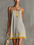 Gray Floral Embroidered Ruffle Hem Cami Dress