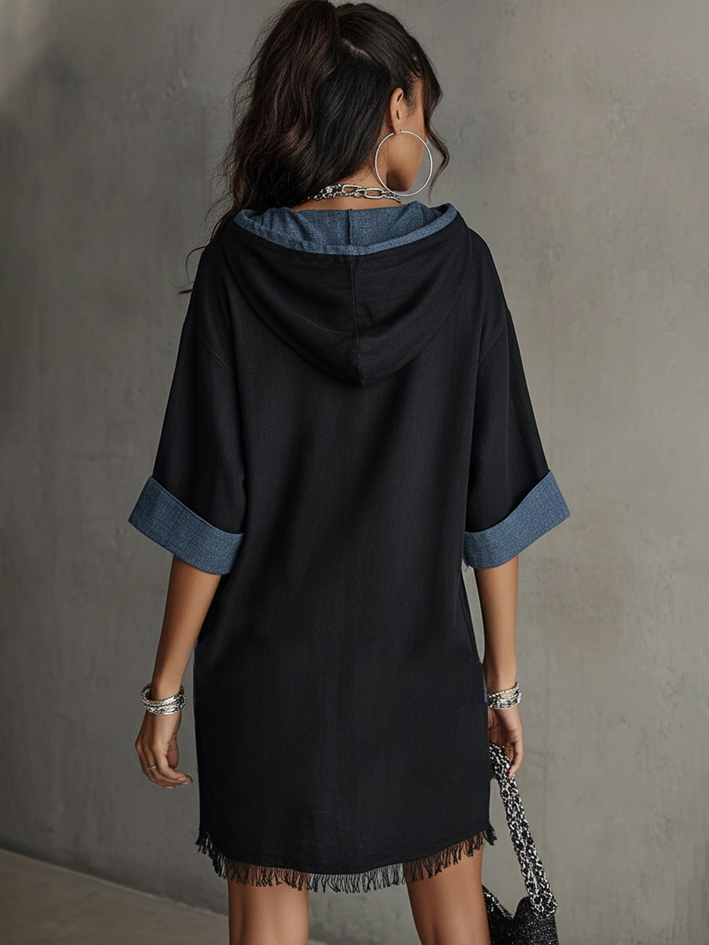 Black Contrast Hooded Fringe Hem Mini Dress