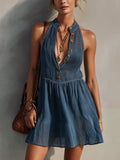 Sheer Blue Linen Blend Sleeveless Mini Dress