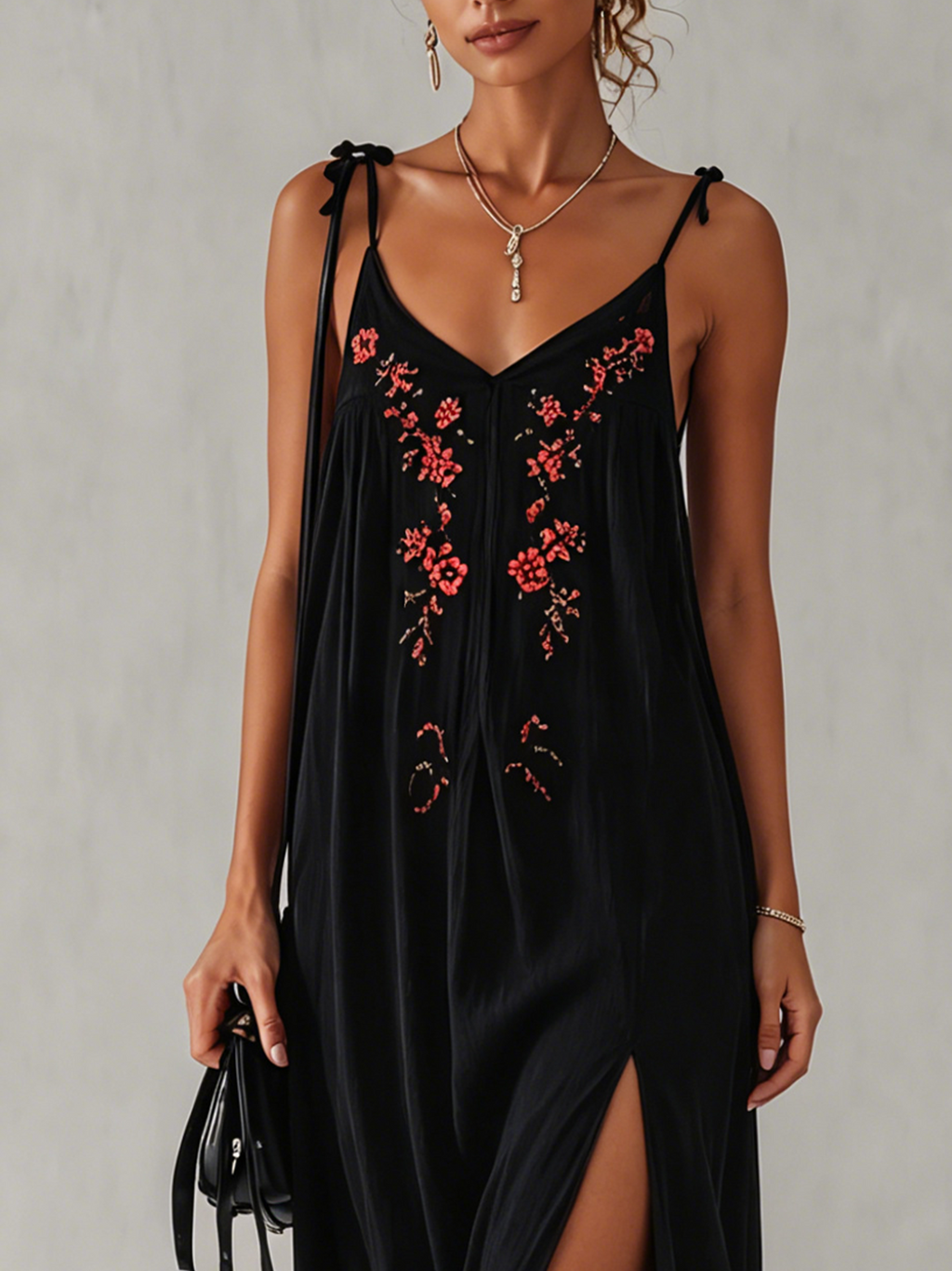 Black Cotton Linen Maxi Dress With Vintage Floral Embroidery