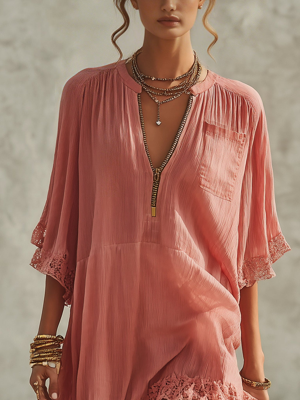 Pink Chiffon Ruffled Zip Mini Dress