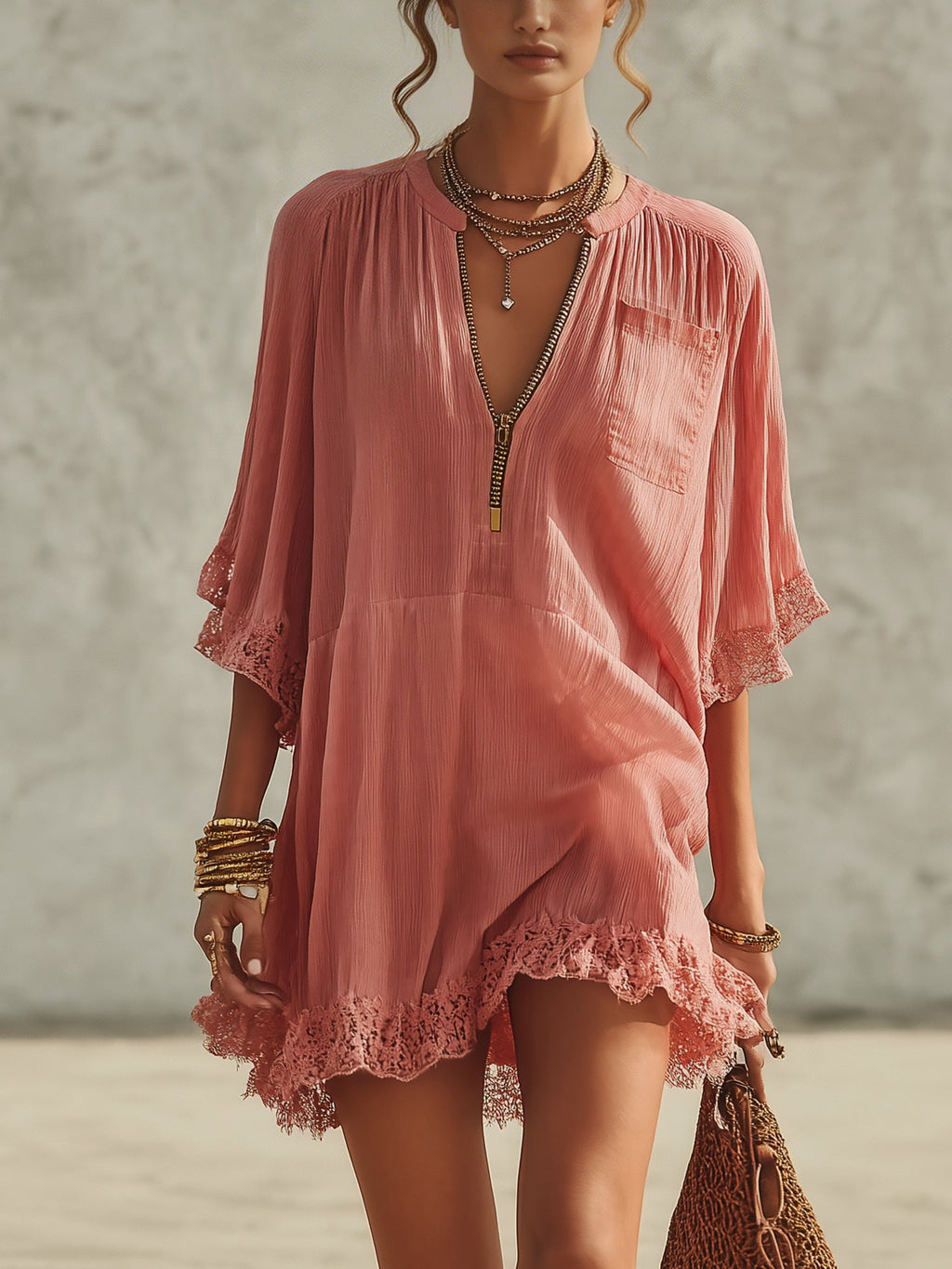 Pink Chiffon Ruffled Zip Mini Dress