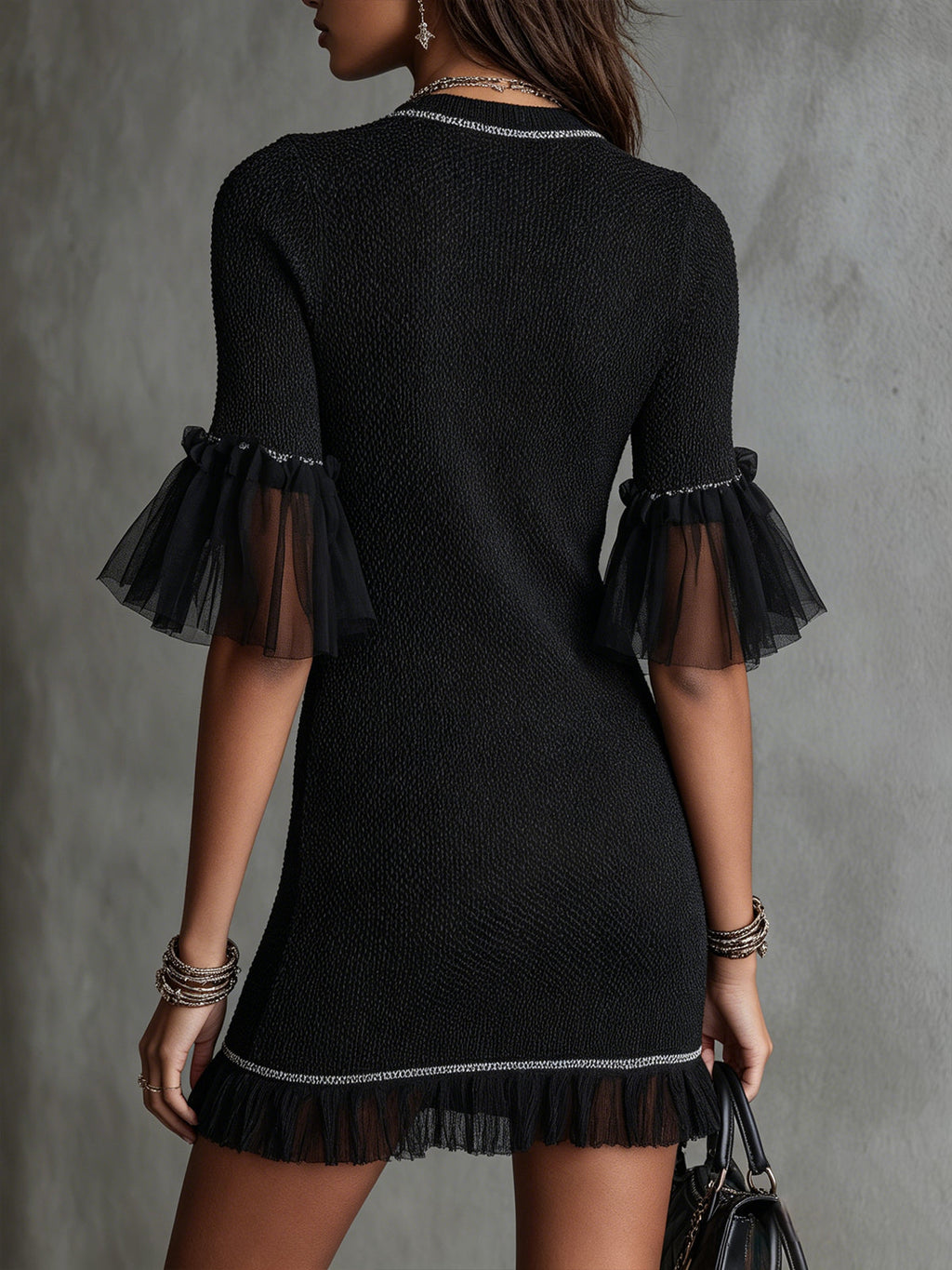 Black Knit Mini Dress With Sheer Ruffle Sleeves