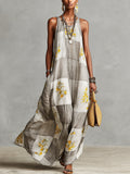 Gray and White Checkered Floral Print Sleeveless Maxi Dress