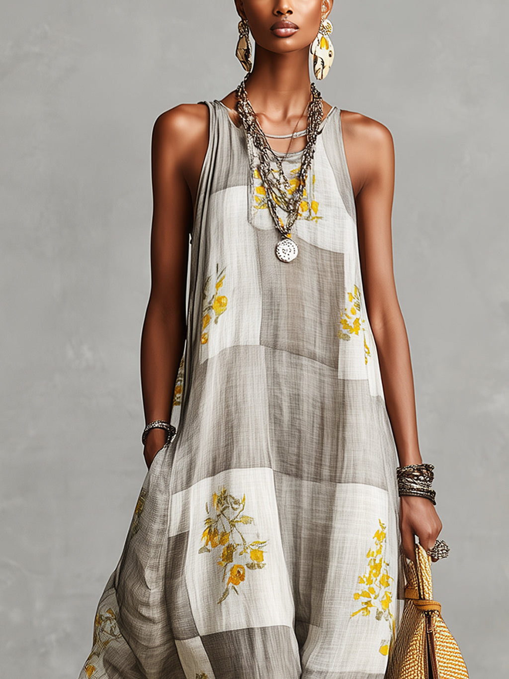 Gray and White Checkered Floral Print Sleeveless Maxi Dress