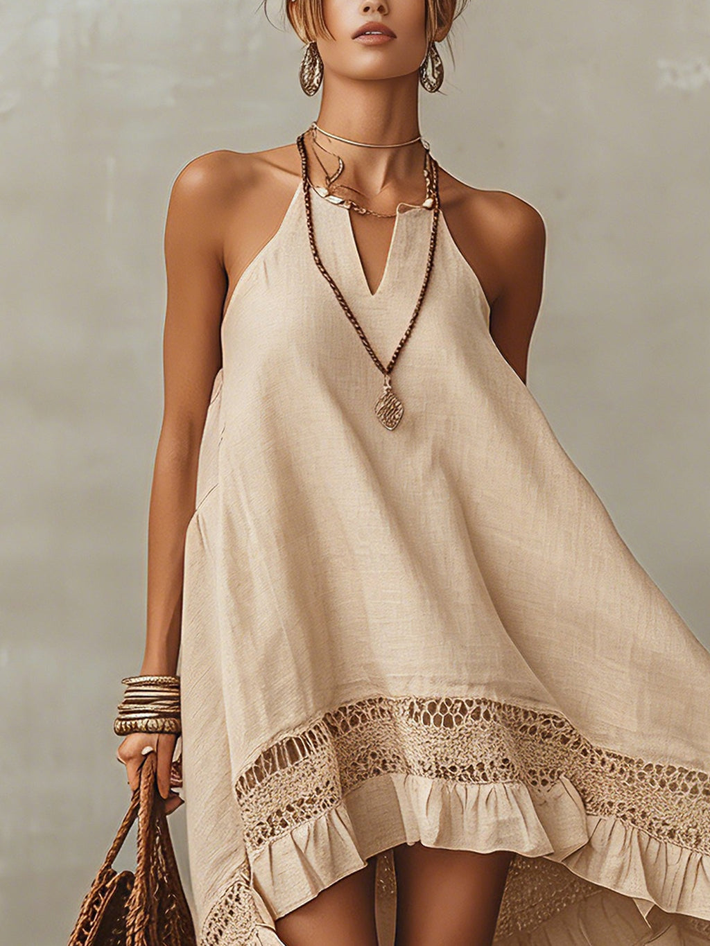 Beige Tie Strap Linen Mini Dress