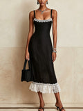 Black Midi Dress With White Lace Trim