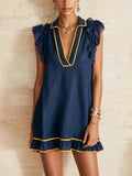Navy Ruffle Mini Dress With Contrast Yellow Trim