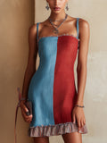 Colorblock Blue And Red Mini Dress With Striped Ruffle Hem