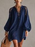 Navy Blue Crochet Shoulder Cotton Linen Mini Dress