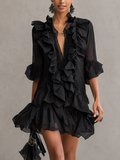 Black Ruffled Chiffon Lace Mini Dress