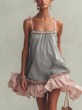 Gray Striped Cotton Ruffle Mini Dress