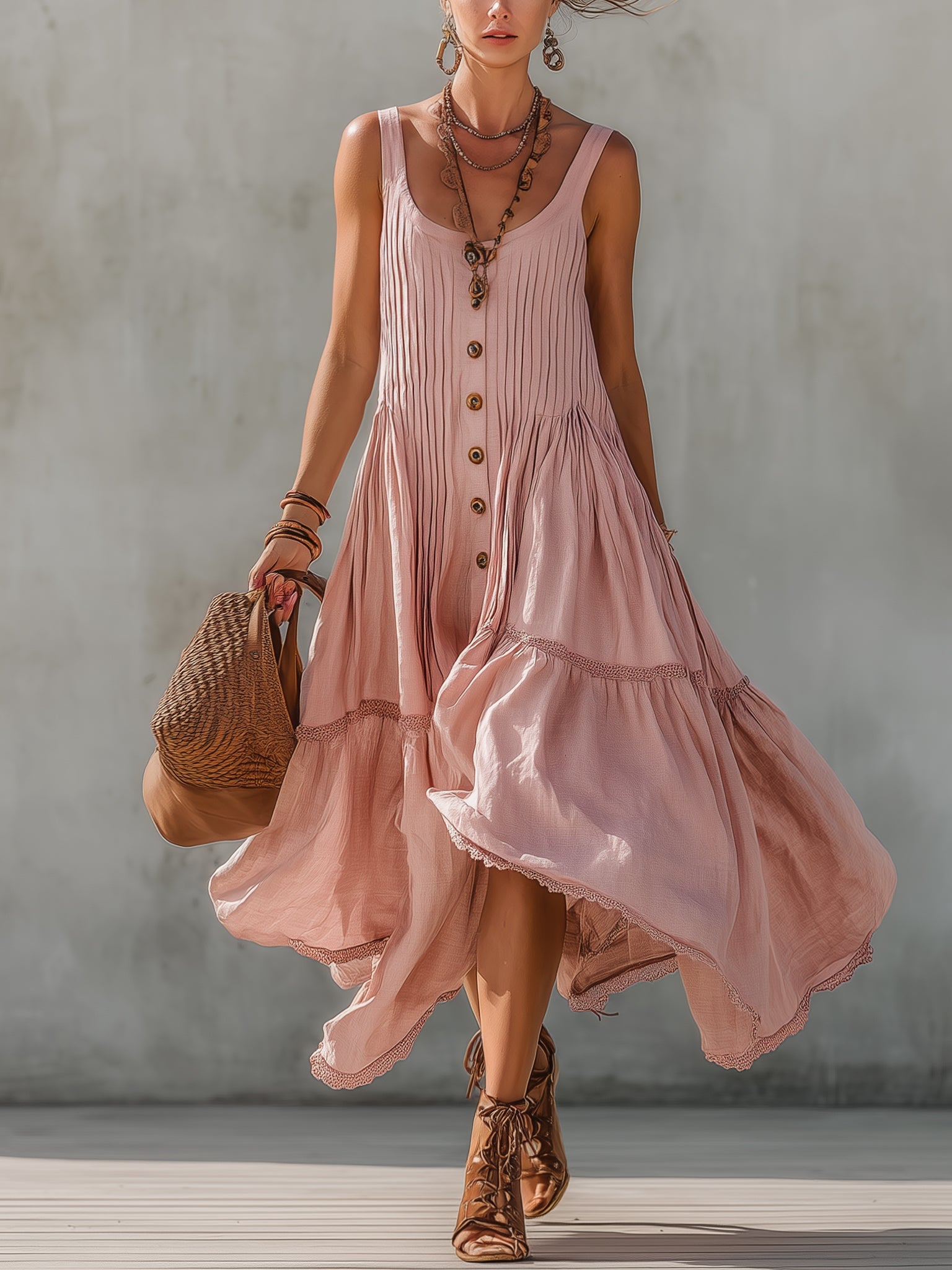 Pink Linen Blend Sleeveless Pleated Maxi Dress
