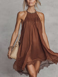Brown Chiffon Sleeveless Lace Trim Mini Dress