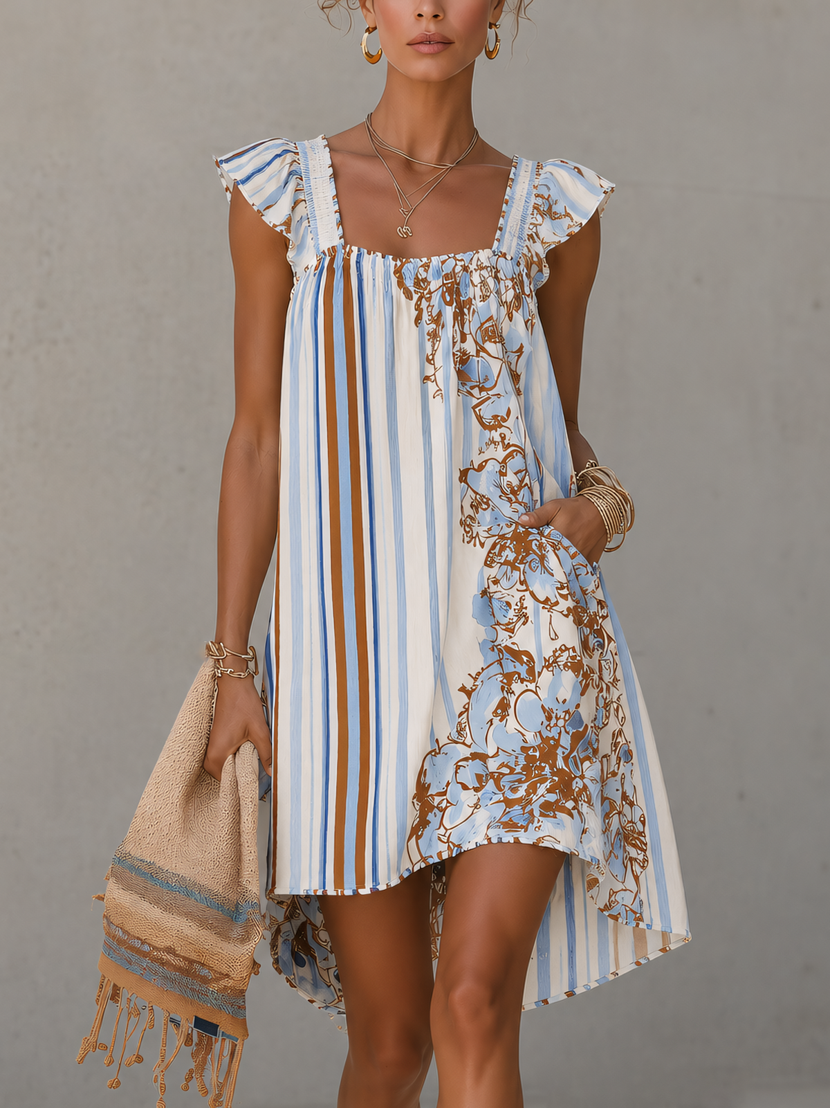 White Striped Floral Mini Dress With Ruffle Sleeves