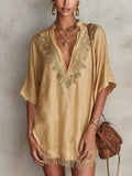 Beige Embroidered V-Neck Mini Dress With Fringe Hem