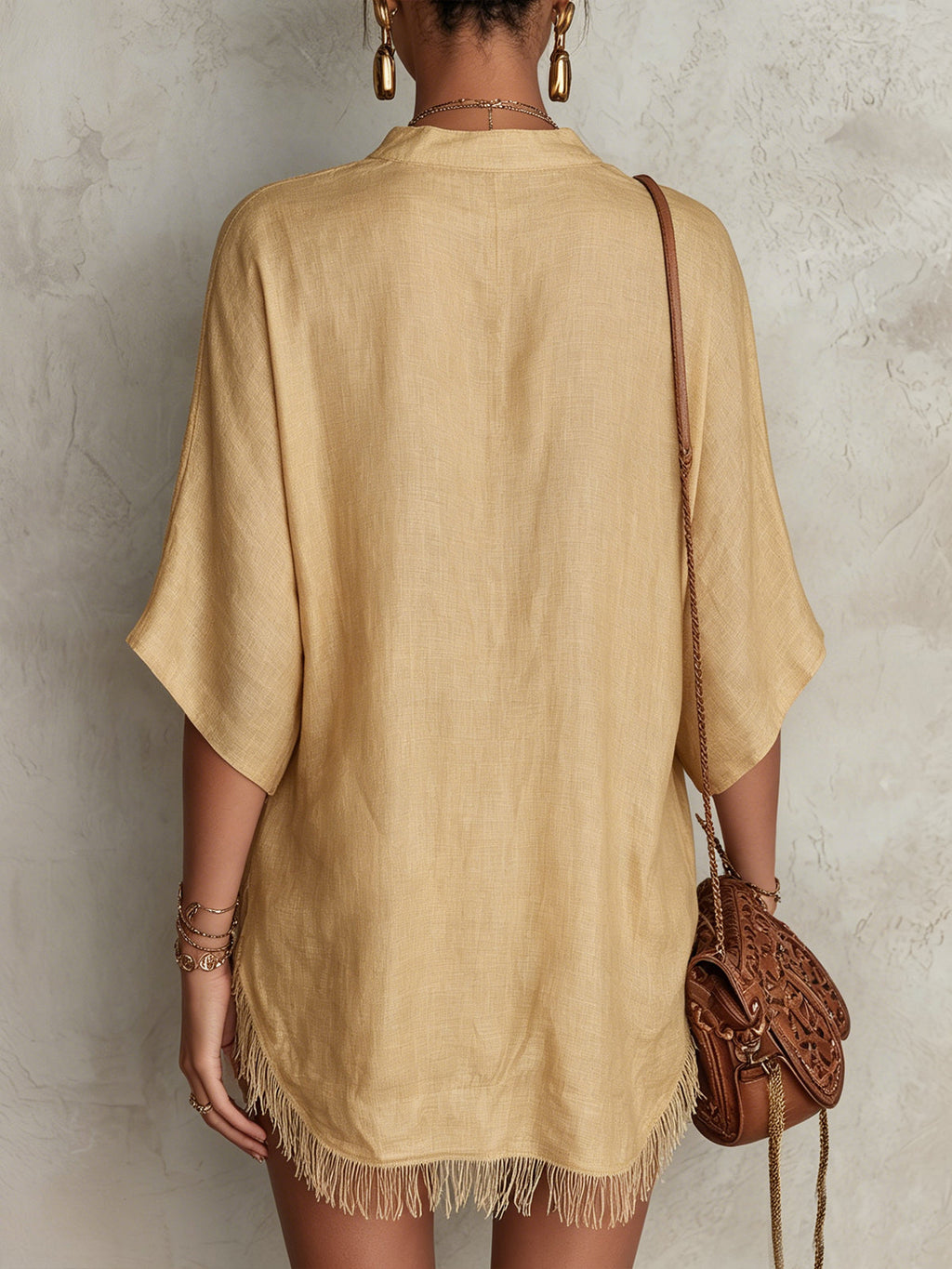 Beige Embroidered V-Neck Mini Dress With Fringe Hem