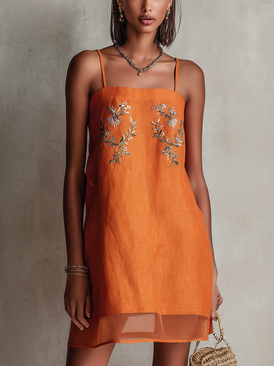 Orange Linen Mini Dress With Floral Embroidery And Spaghetti Straps