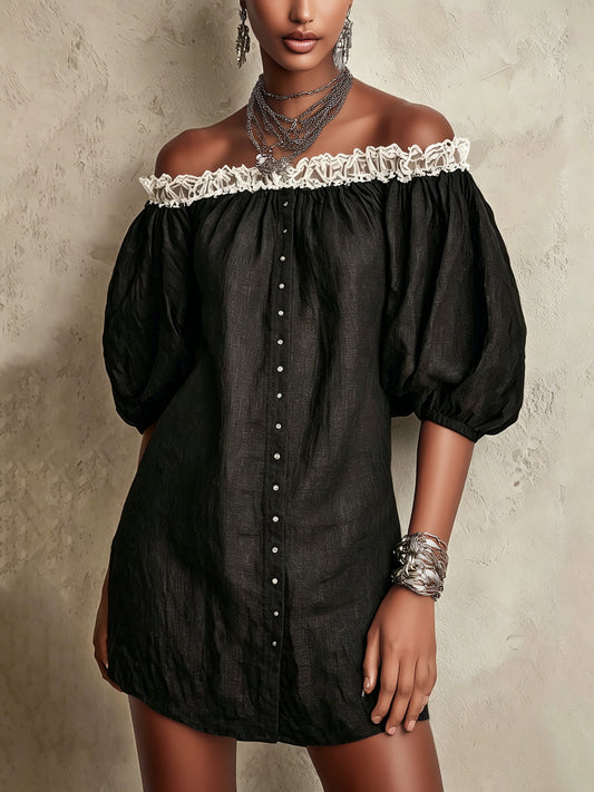 Black Off-Shoulder Mini Dress With Puff Sleeves And Ruffled Trim