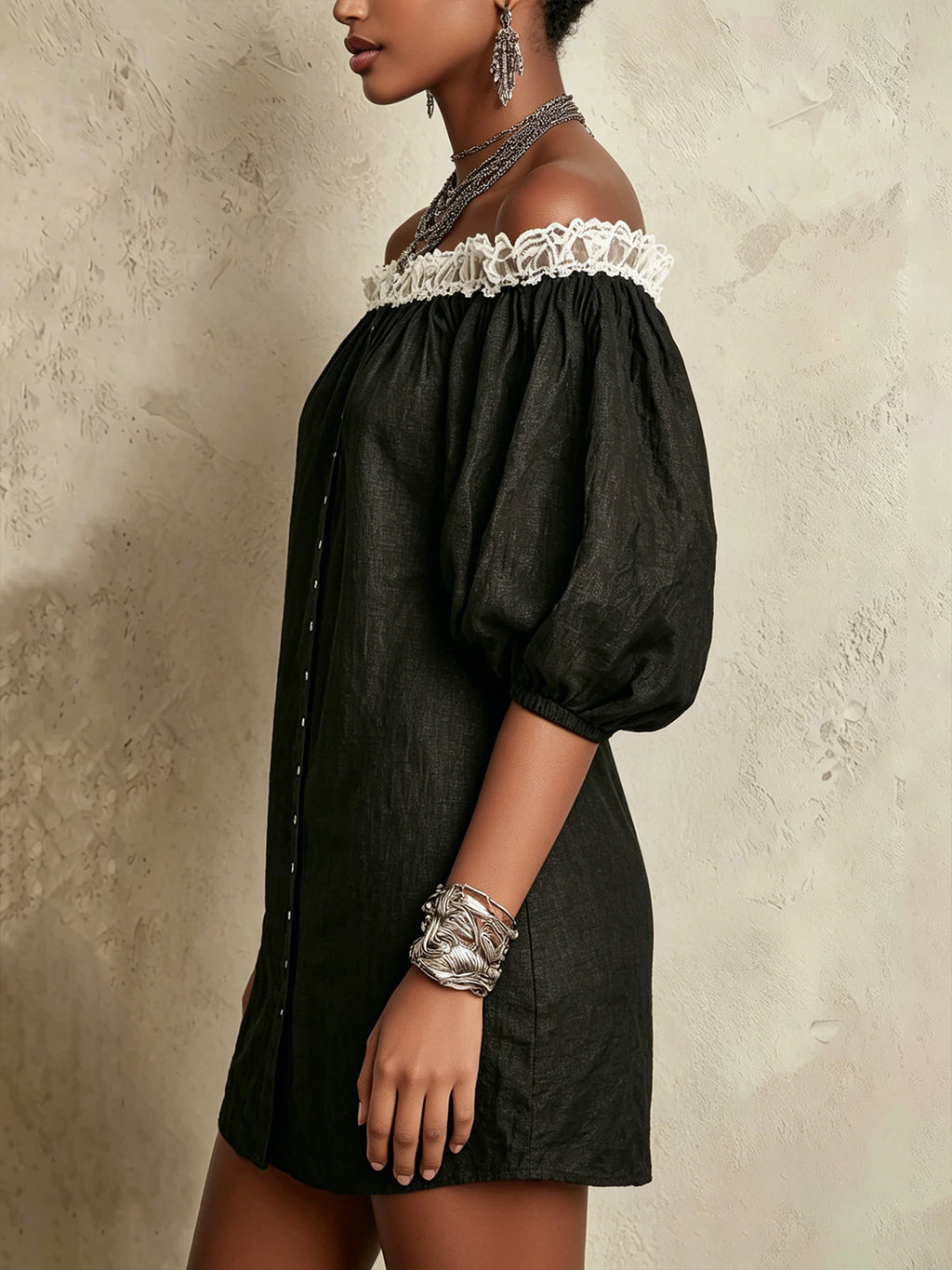 Black Off-Shoulder Mini Dress With Puff Sleeves And Ruffled Trim